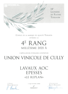 4ème place laurier de platine terravin- Diplôme - Union Vinicole de Cully